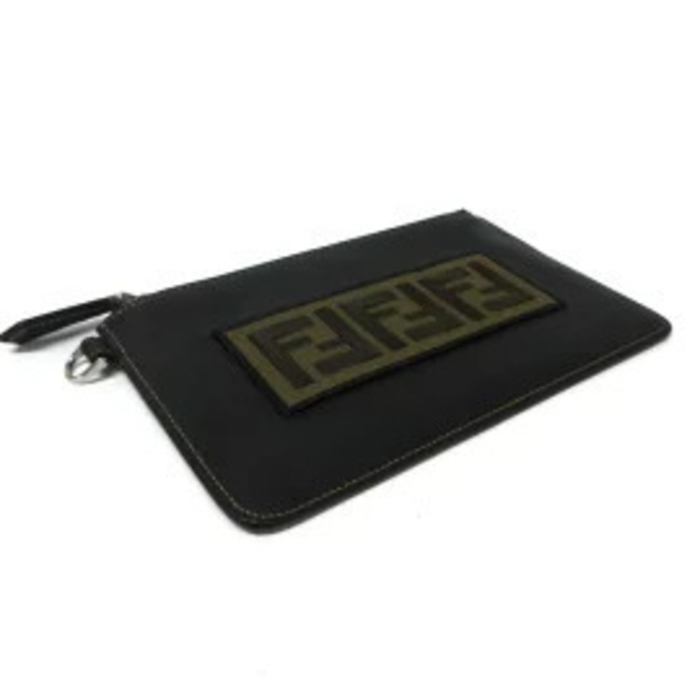 Fendi Brown Leather Dark Black Pouch Clutch Brown Black